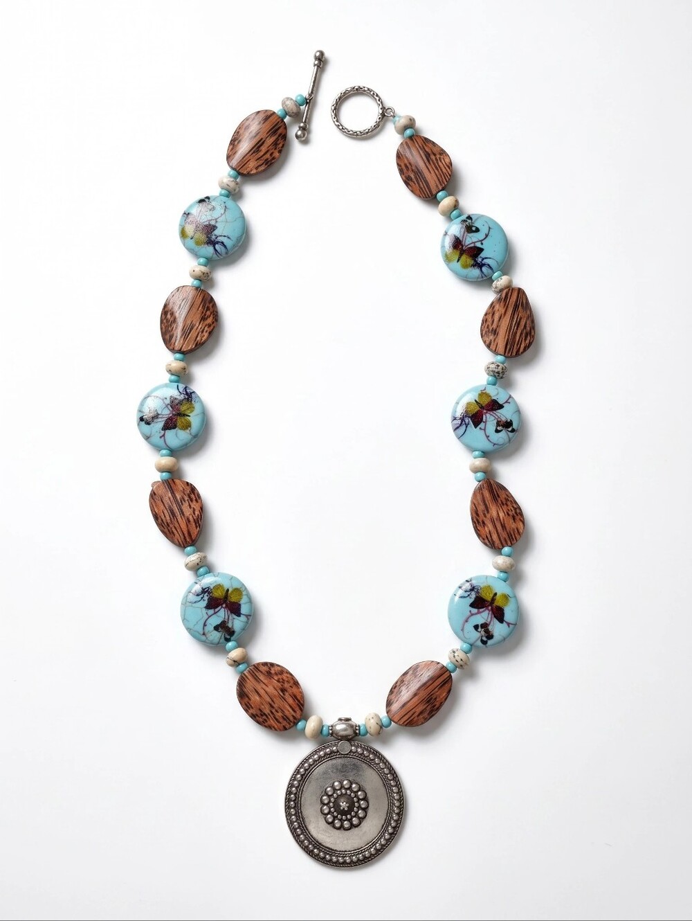 Boho Butterfly Turquoise & Wood Bead Statement Necklace with Silver Medallion